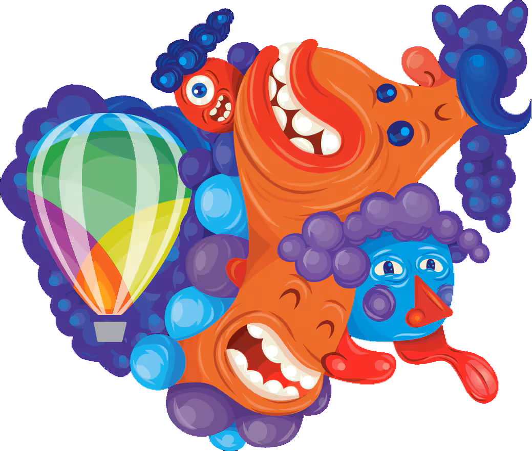 CorelDRAW 2026 illustration of a striped balloon among colorful character shapes