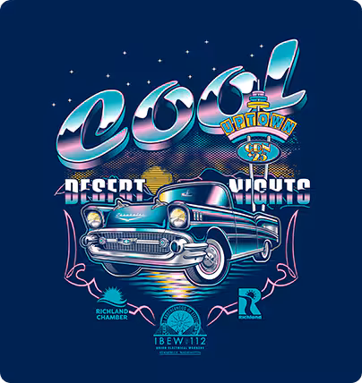 Cool Desert Nights vehicle graphic with a chrome car and neon lettering